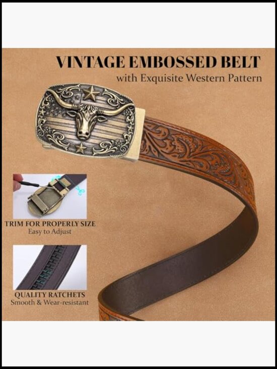 Leather Cowboy Ratchet Belt with Automatic Western Buckle main image 4